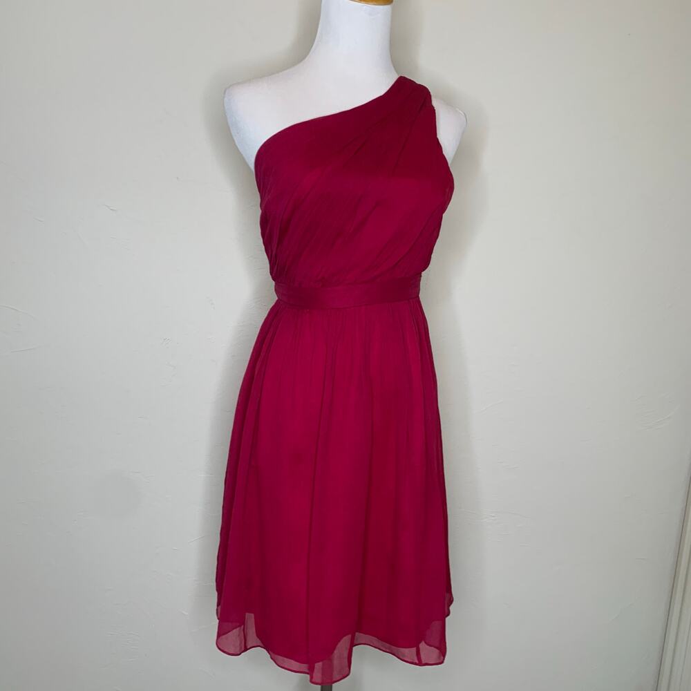 J. Crew Red Maroon Silk Crinkle Chiffon One Shoulder Dress Sz 4
